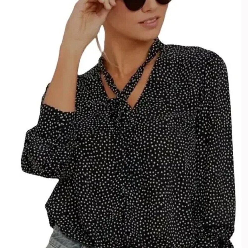 Lulu's "On the Spot" Chiffon Polka Dot Button Up V-Neck w Tie Long Sleeve Medium
